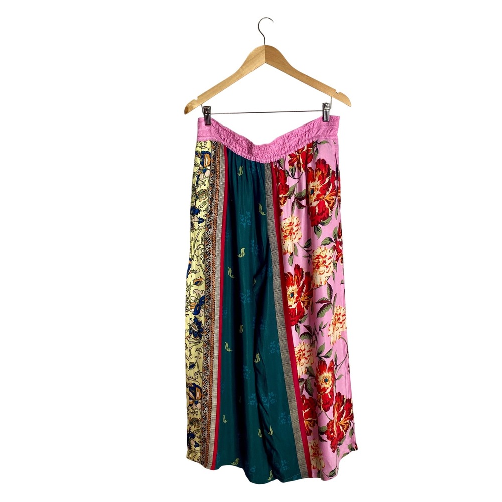 Anthropologie Patchwork Floral Wide Leg Pants L Boho Smocked Waist Mixed Print - Picture 6 of 9